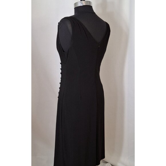 Slimming Black Cocktail Dress 14P Button Detail Deep Cowl Neck Drape MatteJersey - Picture 4 of 14